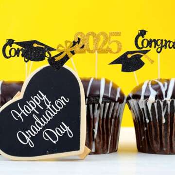 Chinco 100 Pack 2025 Graduation Cupcake Toppers Grad Cap Food Appetizer Picks Cake Graduation Party Decorations Diploma Cupcake Picks for Cake Class of 2025 Graduation Party(Black and Gold)