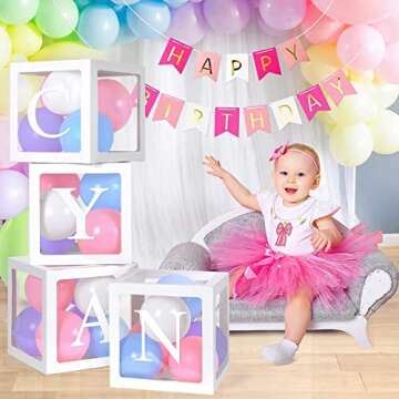 Baby Shower Decorations for Boy Girl, 4PCS Graduation Decor Blocks with 30PCS Letters(A-Z+BABY) Bridal Shower Decorations Transparent Ballon Boxes Gender Reveal Party Supplies Favor Birthday Backdrop