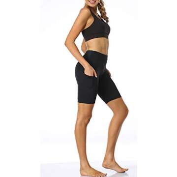 Oalka Women's Short Yoga Side Pockets High Waist Workout Running Shorts Easy Black Small
