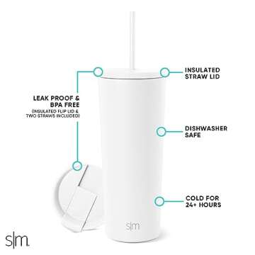 Simple Modern Insulated Tumbler with Lid and Straw | Iced Coffee Cup Reusable Stainless Steel Water Bottle Travel Mug | Gifts for Women Men Her Him | Classic Collection | 24oz | Winter White