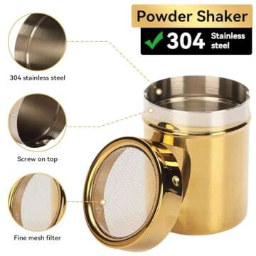Stainless Steel Dredge Shaker, Powder Sugar Dispenser Fine Mesh Powder Sugar Shaker with Lid Gold Salt and Pepper Shakers for Kitchen Powdered Sugar Shaker