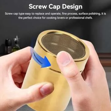 Stainless Steel Dredge Shaker, Powder Sugar Dispenser Fine Mesh Powder Sugar Shaker with Lid Gold Salt and Pepper Shakers for Kitchen Powdered Sugar Shaker