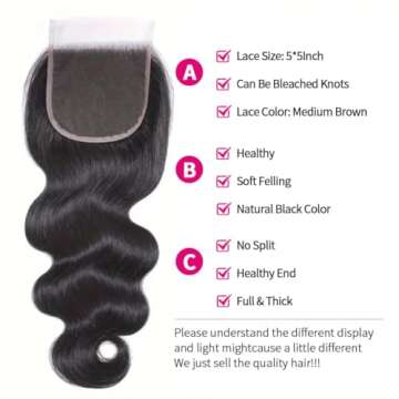 Selina 5x5 Lace Closure Brazilian Body Wave Closure Lace Closure Human Hair Unprocessed Human Hair Brazilian Virgin Hair Free Part Closure Natural Hair Color Black (8Inch, 5X5Body)
