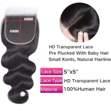 Selina 5x5 Lace Closure Brazilian Body Wave Closure Lace Closure Human Hair Unprocessed Human Hair Brazilian Virgin Hair Free Part Closure Natural Hair Color Black (8Inch, 5X5Body)