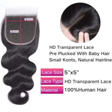 Selina 5x5 Lace Closure Brazilian Body Wave Closure Lace Closure Human Hair Unprocessed Human Hair Brazilian Virgin Hair Free Part Closure Natural Hair Color Black (8Inch, 5X5Body)