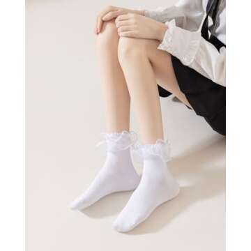 AMHRLINGTO Women Lace Socks Ruffle Frilly Socks with Bow - Comfortable Cotton Socks Cute Socks Princess Lolita socks (Cotton, White-3 Pairs)