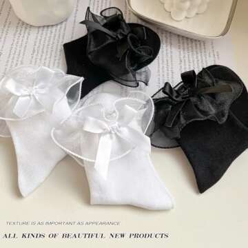 AMHRLINGTO Women Lace Socks Ruffle Frilly Socks with Bow - Comfortable Cotton Socks Cute Socks Princess Lolita socks (Cotton, White-3 Pairs)