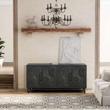 roomfitters 63” Retro Sideboard Buffet Cabinet, Carved Flower Door with Metal Handle - Large Stora...