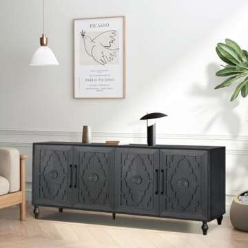 roomfitters 63” Retro Sideboard Buffet Cabinet, Carved Flower Door with Metal Handle - Large Storage Cabinet for Living Room, Entryway, Black
