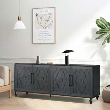 roomfitters 63” Retro Sideboard Buffet Cabinet, Carved Flower Door with Metal Handle - Large Storage Cabinet for Living Room, Entryway, Black