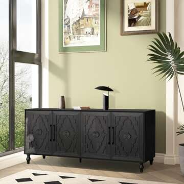 roomfitters 63” Retro Sideboard Buffet Cabinet, Carved Flower Door with Metal Handle - Large Storage Cabinet for Living Room, Entryway, Black