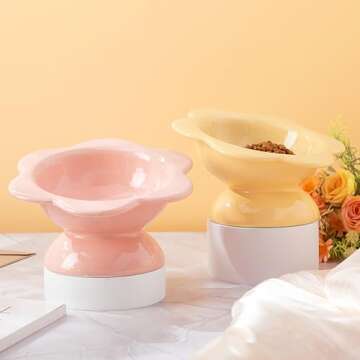 Hushee 2 Pcs Ceramic Raised Cat Bowls 7 oz Flower Shaped Cat Food Dish 15° Tilted Elevated Cat Bowl Stress Free on Neck and Spine Dishwasher Safe Cat Feeding Bowls Pet Water Bowl for Small Cat Kitten