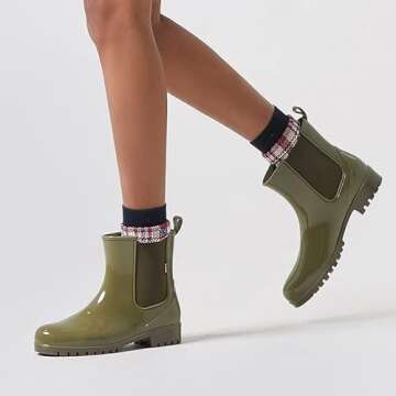 planone Short rain Boots for Women and Waterproof Garden Shoes, Anti-Slipping Olive Green Chelsea Rainboots for Ladies with Comfortable Insoles, Stylish Light Ankle rain Shoes and Outdoor Work Shoes