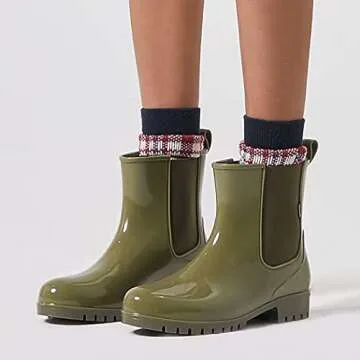 planone Short rain Boots for Women and Waterproof Garden Shoes, Anti-Slipping Olive Green Chelsea Rainboots for Ladies with Comfortable Insoles, Stylish Light Ankle rain Shoes and Outdoor Work Shoes