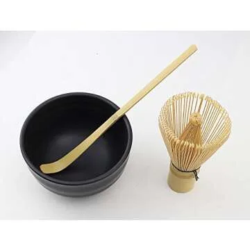 Matcha Whisk Set まっちゃ 抹茶 - Brush + Ceramic Bowl + Scoop/八十本立 Japanese Green Tea Bamboo Preparing Tool 3 Piece Set