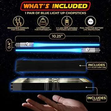 LIGHTSABER CHOPSTICKS LIGHT UP STAR WARS LED Glowing Light Saber Chop Sticks REUSABLE Sushi Lightup Sabers - Removable Handle Dishwasher Safe - Premium GIFT BOX & CARRY CASE Included - BLUE 1 PAIR
