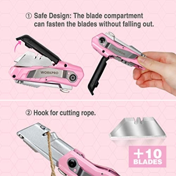WORKPRO Folding Utility Knife - Stylish Pink Box Cutter