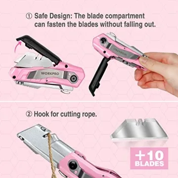 WORKPRO Folding Utility Knife - Stylish Pink Box Cutter