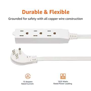 Amazon Basics 15-Foot 3-Prong Flat Plug Grounded Indoor Extension Cord with 3 Outlets - 13 Amps, 1625 Watts, 125 VAC, White