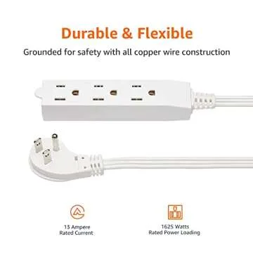 Amazon Basics 15-Foot 3-Prong Flat Plug Grounded Indoor Extension Cord with 3 Outlets - 13 Amps, 1625 Watts, 125 VAC, White