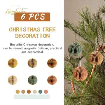 NICROLANDEE Christmas Hanging Decorations, 6 PCS Nature Round Glitter Edge Paper Honeycomb Ornaments...