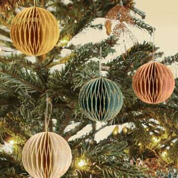 NICROLANDEE Christmas Hanging Decorations, 6 PCS Nature Round Glitter Edge Paper Honeycomb Ornaments, Green Brown Mini Paper Lanterns Ornament for Christmas Tree Décor, New Years Party Home Decor