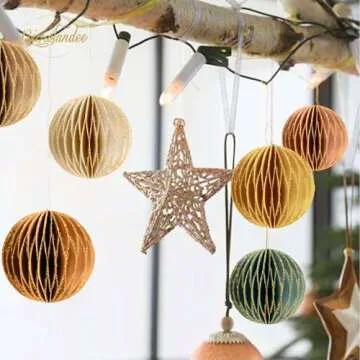 NICROLANDEE Christmas Hanging Decorations, 6 PCS Nature Round Glitter Edge Paper Honeycomb Ornaments, Green Brown Mini Paper Lanterns Ornament for Christmas Tree Décor, New Years Party Home Decor