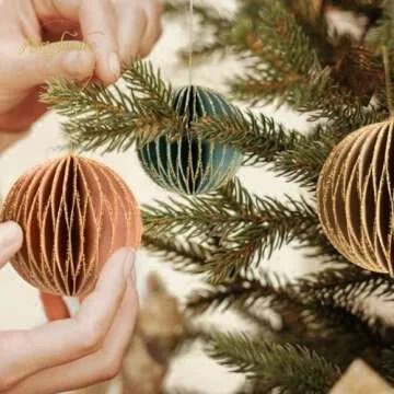 NICROLANDEE Christmas Hanging Decorations, 6 PCS Nature Round Glitter Edge Paper Honeycomb Ornaments, Green Brown Mini Paper Lanterns Ornament for Christmas Tree Décor, New Years Party Home Decor