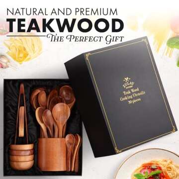 Zulay Kitchen 30-Piece Teak Wooden Utensil Set - Stylish Cooking Tools with Premium Gift Box