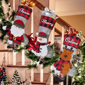 Personalized Christmas Stockings, Custom Santa Claus Elk Bear Snowman Christmas Stockings for Kids with Name Family Ornament for Xmas Holiday Family Christmas Tree, Fireplace Decoration, 3 Pack