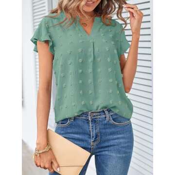 Chic MEROKEETY Women Split V Neck Short Sleeve Flowy Blouse - Sage Green