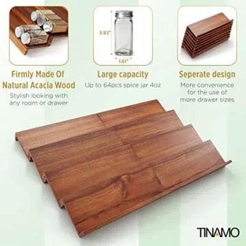 Tinamo Wood Spice Drawer Organizer - Acacia Wooden Tray Spice Racks Organizer for Cabinet Storage Shelf - 4 Tier Spice Rack Organizer for Drawer 64 Jars (Pack 8)