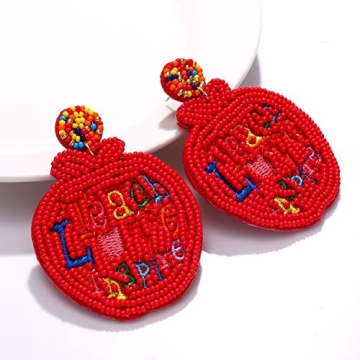 ZITULRY Teacher Earrings for Women Girls Handmade Apple Teacher Beaded Drop Earrings Statement Apple Teacher Love Inspire Letter Dangle Earrings Funny Teachers Appreciation Back To School Gifts, Red