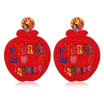 ZITULRY Teacher Earrings for Women Girls Handmade Apple Teacher Beaded Drop Earrings Statement Apple Teacher Love Inspire Letter Dangle Earrings Funny Teachers Appreciation Back To School Gifts, Red