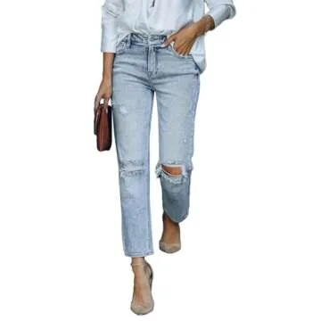 Lesore Womens Jeans High Waist Stretch Ripped Distressed Jeans Destroyed Denim Jeans Straight Leg Blue Size 28