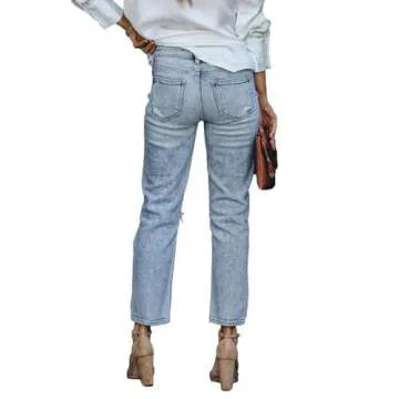 Lesore Womens Jeans High Waist Stretch Ripped Distressed Jeans Destroyed Denim Jeans Straight Leg Blue Size 28