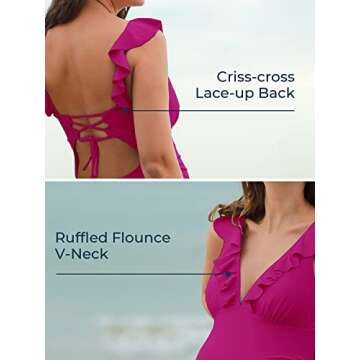 Summer Mae Ruffle Maternity Swimsuit One Piece V-Neck Pregnancy Bathing Suit Lace Up Swimwear Push Up Monokini Fuchsia S