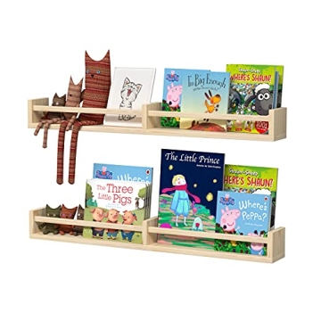 32 Inch Classic Nursery Shelves Set of 2 - Natural Wood Floating Shelves for Kids Room