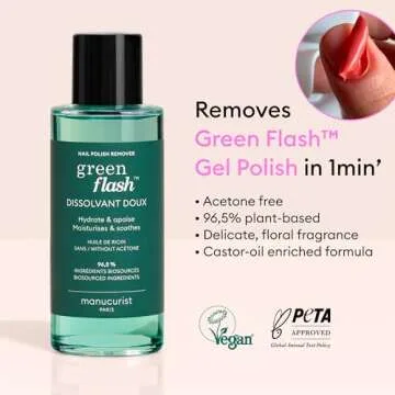 MANUCURIST • Green Flash Nail Polish Remover • Green Flash and Regular Nail Polish Remover • Effective Plant-Based • Acetone-Free Gel Nail Polish Remover • 3.38 fl oz