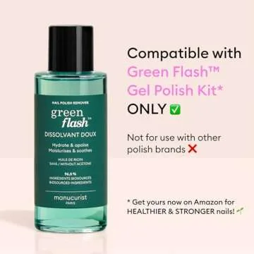 MANUCURIST • Green Flash Nail Polish Remover • Green Flash and Regular Nail Polish Remover • Effective Plant-Based • Acetone-Free Gel Nail Polish Remover • 3.38 fl oz