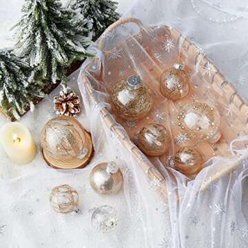 Clear Christmas Ball Ornaments,24ct Shatterproof Plastic Decorative Christmas Ornaments Hanging Xmas Tree Baubles Set with Stuffed Delicate Glittering Decorations for Holiday Party Decor (Champagne)