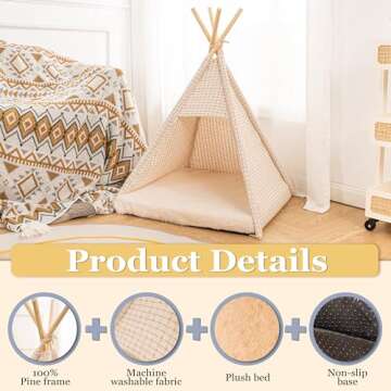 Cat & Dog Teepee - Indoor Dog & Cat House, Chic Pet Tent, Bed with Thick Foam Cushion, Plush Removable Pillowcase, Tent Pre-Assembled, Durable Fabric, Portable & Machine Washable Pet Teepee