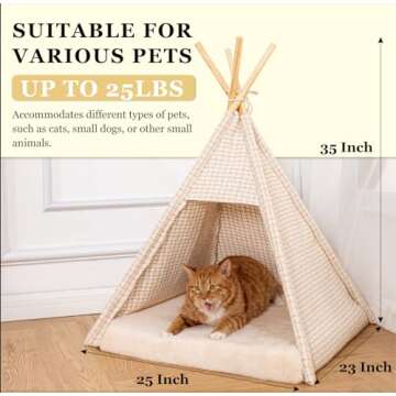 Cat & Dog Teepee - Indoor Dog & Cat House, Chic Pet Tent, Bed with Thick Foam Cushion, Plush Removable Pillowcase, Tent Pre-Assembled, Durable Fabric, Portable & Machine Washable Pet Teepee