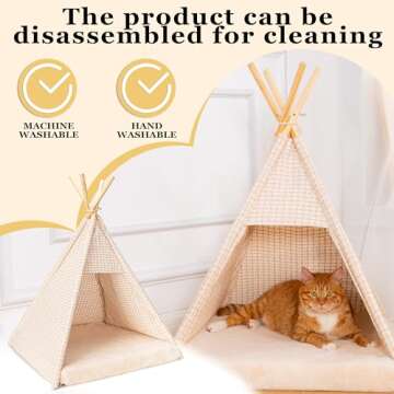Cat & Dog Teepee - Indoor Dog & Cat House, Chic Pet Tent, Bed with Thick Foam Cushion, Plush Removable Pillowcase, Tent Pre-Assembled, Durable Fabric, Portable & Machine Washable Pet Teepee