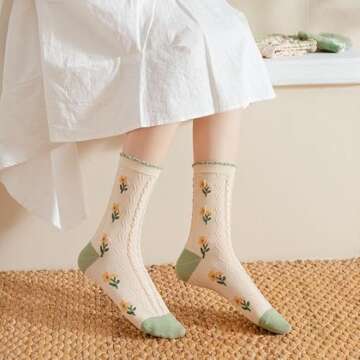 Tooe Women's Cottagecore Flower Socks 5Pairs Kawaii Preppy Crew Socks Cute Lace Ankle Socking Coquet...