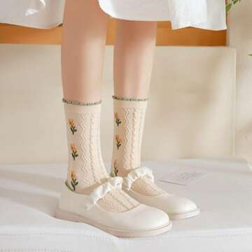 Tooe Women's Cottagecore Flower Socks 5Pairs Kawaii Preppy Crew Socks Cute Lace Ankle Socking Coquette Casual Socks (Brown,One Size)