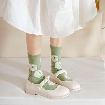 Tooe Women's Cottagecore Flower Socks 5Pairs Kawaii Preppy Crew Socks Cute Lace Ankle Socking Coquette Casual Socks (Brown,One Size)