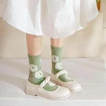 Tooe Women's Cottagecore Flower Socks 5Pairs Kawaii Preppy Crew Socks Cute Lace Ankle Socking Coquette Casual Socks (Brown,One Size)