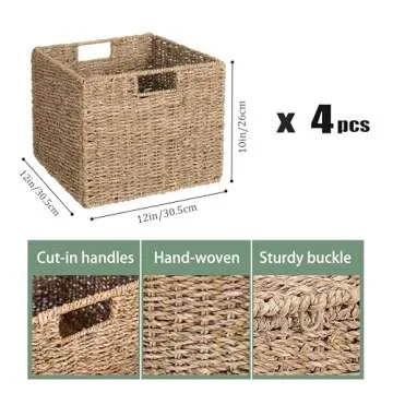 12x12x10in Seagrass Storage Baskets Set of 4, Large Wicker Storage Basket, Decorative Seagrass Shelf Basket, Pantry Baskets Organization,Folding Storage Cube Bins