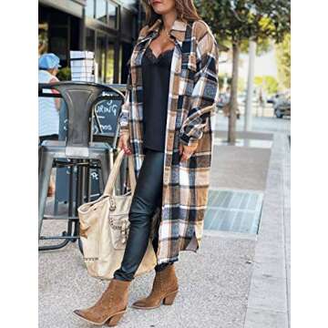 UANEO Plaid Coat Women Button Down Long Plaid Jacket Fall Flannel Trench Coat (Khaki-XXL)